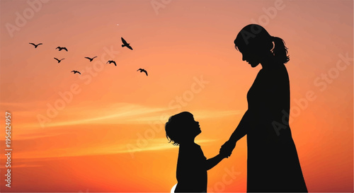 Silhouette of mother and child holding hands against vibrant orange sunset with flying birds