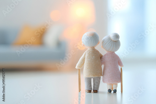 暖かな灯りに包まれて寄り添い歩く高齢者二人の穏やかな日常風景
