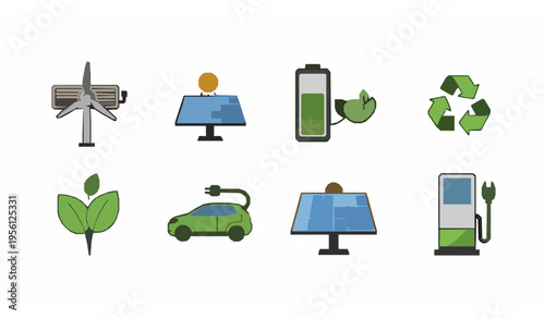 Green Energy Vector Icon Set with Wind Turbine Solar Panel Electric Car Charging