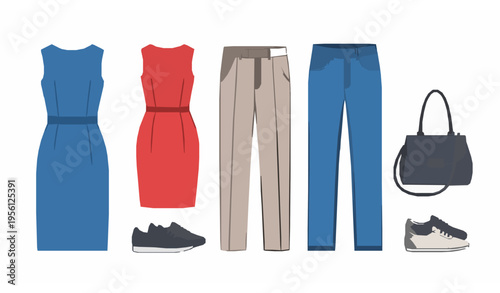 Flat Fashion Apparel Vector Set Modern Clothing Collection with Shoes and Accessories