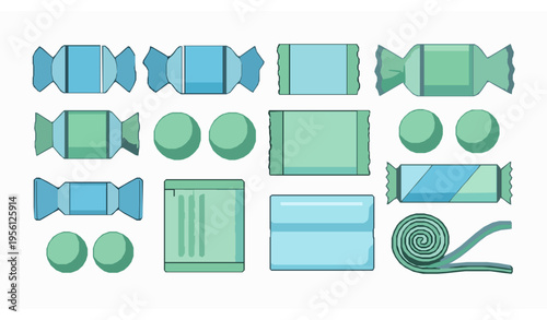 Mint Chewing Gum Vector Set Flat Design Bubble Gum Pads Balls and Rolls