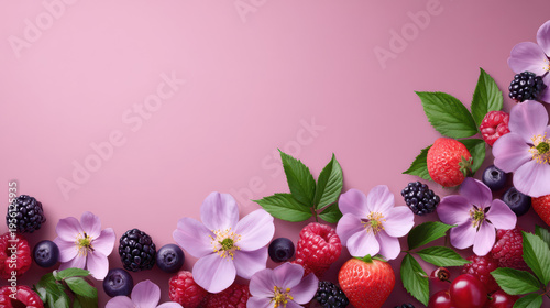 Fresh assortment of juicy summer berries arranged with delicate purple blossoms and green leaves, creating a vibrant and colorful still life on a soft pink backdrop.