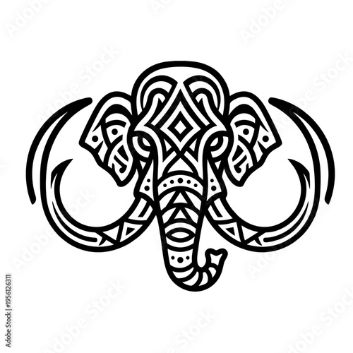 Tribal Mammoth Head Logo, Symmetrical Shapes, Bold Black Lines, Animal Vector Illustration