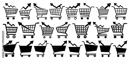 Shopping Cart Growth Arrow Icon Set for E-commerce Sales Increase and Market Trends, Transparent Background