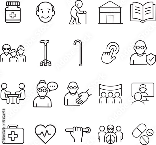 A collection of linear vector icons representing various aspects of elderly care and health services