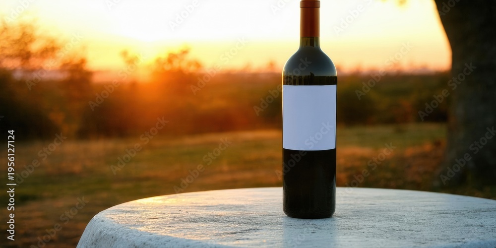 Obraz premium Wine bottle sits atop round table. Sunset provides warm backdrop, creating peaceful scene. Nature, beverage, relaxation.