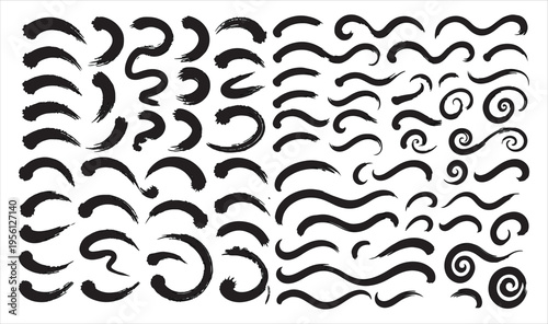 Collection of various black swirling patterns and shapes on white background