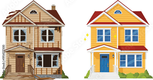 Old damaged house and renovated home comparison, before and after repair concept with restored modern building vector illustration