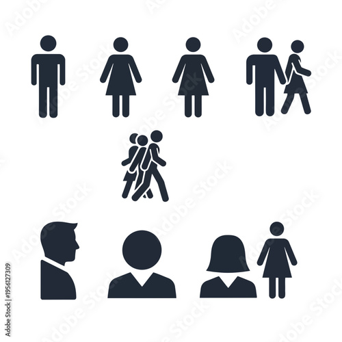 A set of various human icons in dark blue