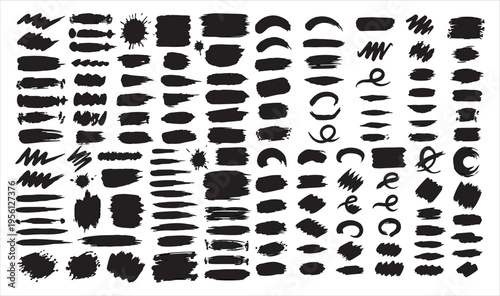 Collection of various black brush strokes and shapes on a white background