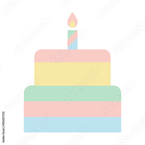 Simple Pastel Rainbow Birthday Cake with One Candle Vector Icon