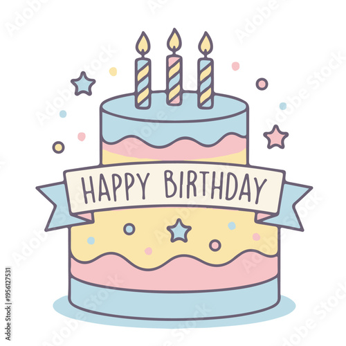 Hand Drawn Pastel Birthday Cake with Ribbon Banner Vector Illustration