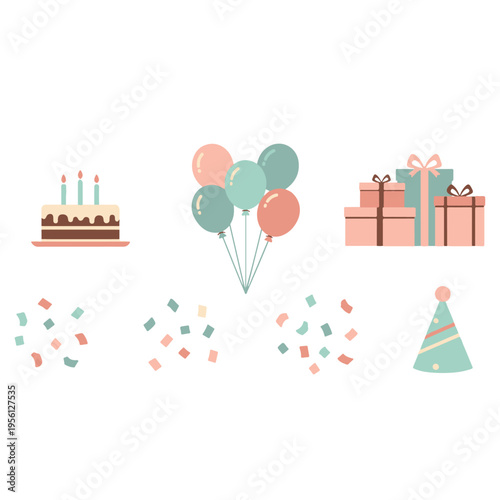 Boho Pastel Birthday Party Elements Vector Set Flat Design