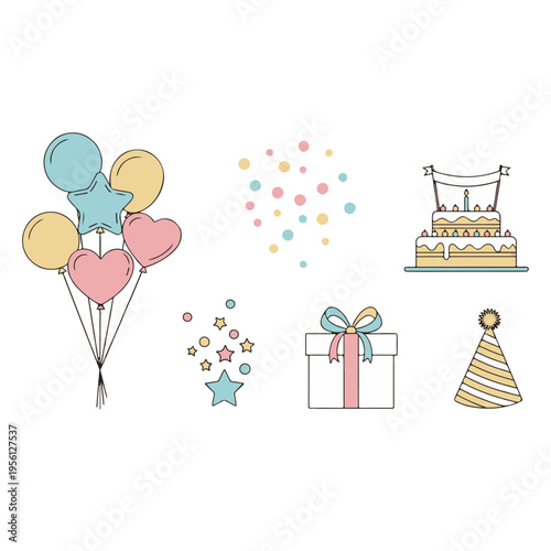 Boho Pastel Birthday Party Elements Vector Set with Outline Style