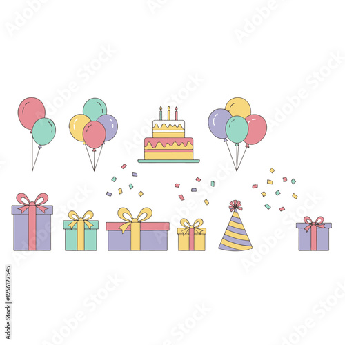 Big Bundle of Pastel Birthday Party Elements Vector Icon Set