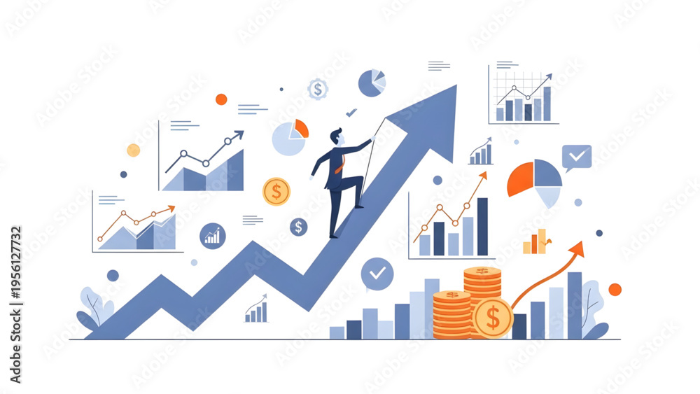 Naklejka premium Businessman Climbing Growth Arrow SVG Vector with Financial Icons for Success and Investment Strategy Concepts