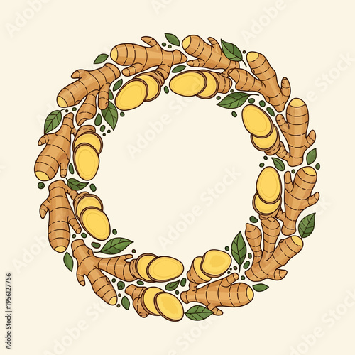 A circular arrangement of fresh ginger roots and slices, adorned with green leaves and small dark berries, creating a decorative wreath on a light background.