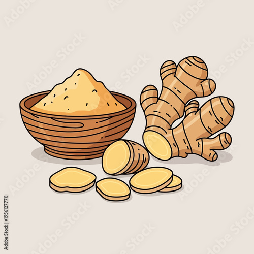 A wooden bowl filled with ginger powder next to fresh ginger root and slices, illustrating the versatility of this spice.
