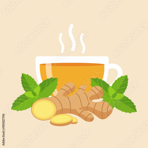 A refreshing cup of hot ginger and mint tea, perfect for a soothing and invigorating beverage.