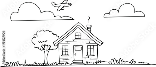 house line drawing with tree grass clouds and airplane