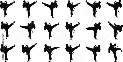 Karate martial arts silhouette vector illustration set, black fighter kicking poses isolated, taekwondo training action icons, combat sport design elements for gym branding.