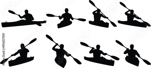 Kayaking athlete silhouette illustration set showing paddling poses in canoe isolated on white background, water sports action, outdoor adventure, fitness training, and recreation concept