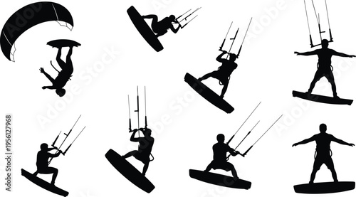 Kitesurfing Silhouette Set, Kiteboarding Extreme Sport Athlete Icons, Water Sports Action Figures, Summer Beach Adventure Vector Illustration, Surfing Hobby Graphic Design Elements, Black Silhouettes