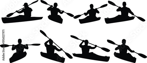 Kayaking silhouettes set showing canoe paddlers in different rowing poses isolated on white background for adventure sports, outdoor recreation, and water activity concepts