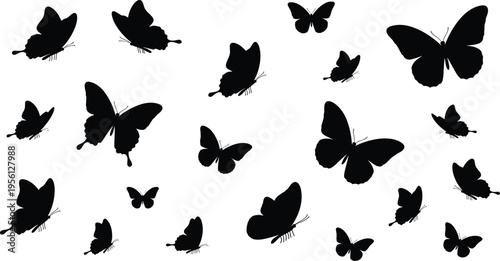 Large collection of black butterfly silhouettes in various sizes and flight positions isolated on white background for nature decoration spring design and tattoo patterns.