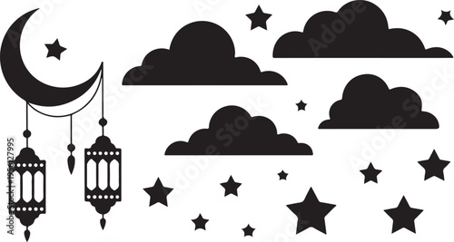 ramadan lanterns crescent stars night sky minimalist vector icons