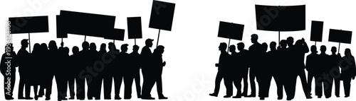 Large protest crowd silhouettes holding blank banners, public demonstration and political activism concept, black human figures showing unity, freedom, rights and social movement vector illustration