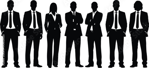 Professional business team silhouettes standing confidently in corporate attire, symbolizing leadership, teamwork, diversity, and modern workplace culture 