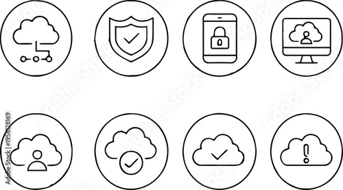 cloud network icons set for cloud computing security and access
