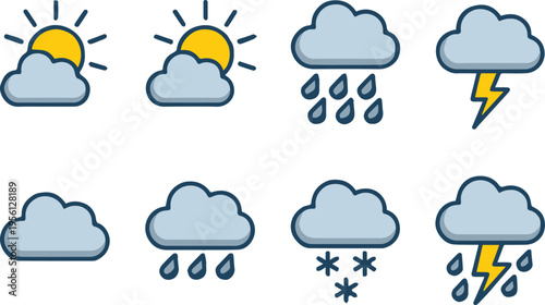 weather icons flat line art sun cloud rain thunder lightning snow sets