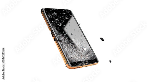A smartphone with a cracked and shattered screen on transparent background