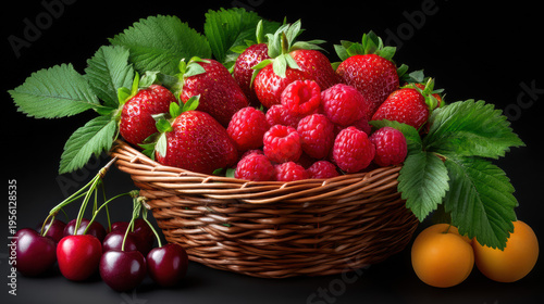 A delightful woven basket overflowing with juicy red strawberries, plump raspberries, ripe cherries and golden apricots on a black backdrop creates a fresh scene.