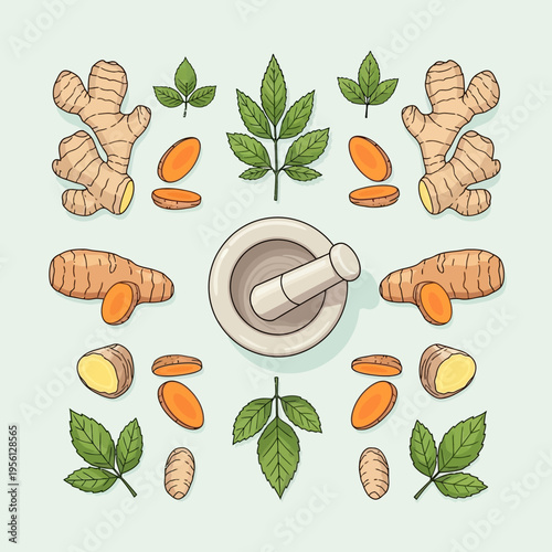 A flat lay illustration of various natural ingredients including ginger, turmeric, and green leaves, arranged around a mortar and pestle.