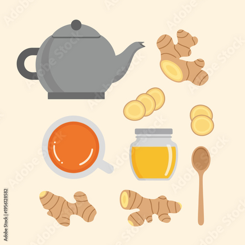 A collection of ingredients and tools for making ginger tea, including a teapot, cup, honey, ginger root, and a spoon.