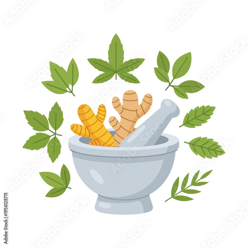 A mortar and pestle with ginger and various green leaves, symbolizing herbal medicine and natural remedies.
