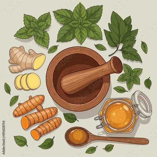 A flat lay illustration of fresh ginger, turmeric roots, mint leaves, and a jar of honey with a wooden mortar and pestle, suggesting natural remedies and ingredients.
