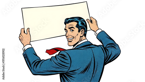 Retro Pop Art Businessman Holding Blank Sign SVG Vector for Marketing and Promotional Message Concepts