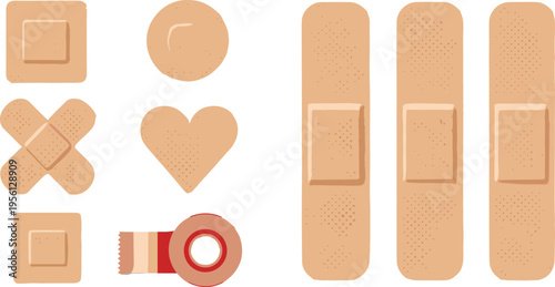 Set of adhesive bandages in different shapes, medical plasters collection for wound care isolated vector illustration design