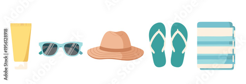 Summer beach vacation essentials collection featuring sunscreen, sunglasses, hat, flip-flops, and towel arranged horizontally, representing a perfect day at the seaside or a tropical getaway.