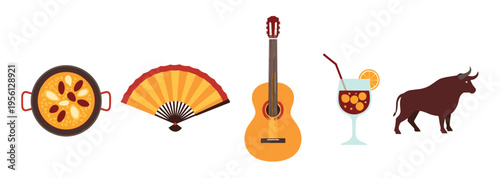 Traditional Spanish cultural symbols are depicted in a vibrant flat design illustration, showcasing iconic elements like paella, a fan, guitar, sangria, and a bull.