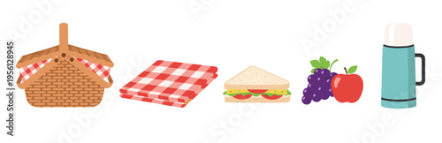 Picnic basket, blanket, sandwich, fruit, and thermos are essential items for a delightful outdoor meal or a relaxing day in nature.