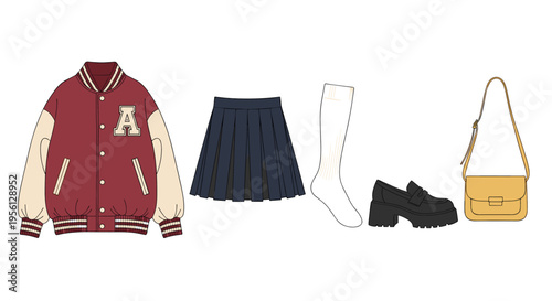 Preppy fashion clothing accessories collection features a stylish varsity jacket, pleated skirt, sock, loafer, and shoulder bag, ideal for academic or casual wear.