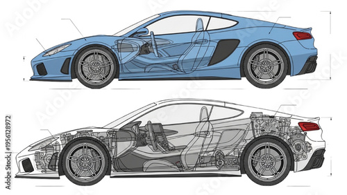 Detailed car illustration shows blue sports vehicle alongside cutaway diagram