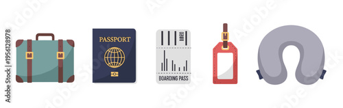 Travel items including a suitcase, passport, boarding pass, luggage tag, and neck pillow are essential accessories for a smooth journey and vacation.