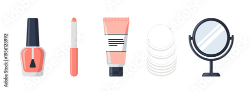Nail polish, file, cream, cotton pads, mirror are essential items for a complete beauty and self-care routine, presented in a clean, modern flat vector illustration.