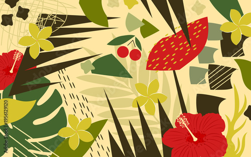Collage of flowers, leaves, and geometric abstract shapes in various colors. 